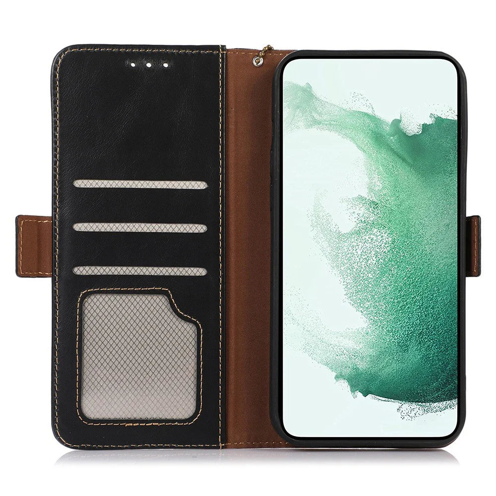 For Samsung Galaxy M14 5G Case RFID Blocking Genuine Cowhide Leather Wallet Phone Cover - Black - 2