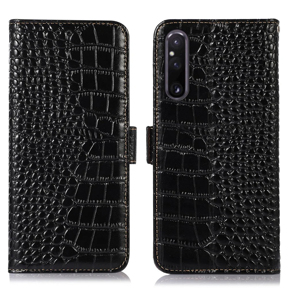 Wallet Phone Case for Sony Xperia 1 V , Crocodile Texture RFID Blocking Stand Genuine Cowhide Leather Phone Cover - Black - 1