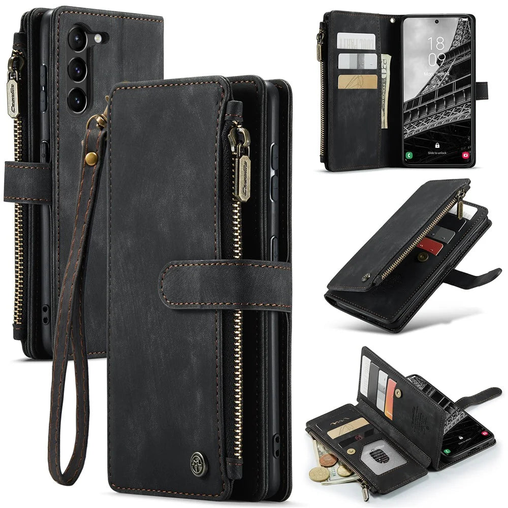 For Samsung Galaxy S23 Phone Cases with Strap CASEME C30 Zipper Multiple Card Holder PU Leather Cover - Black - 1
