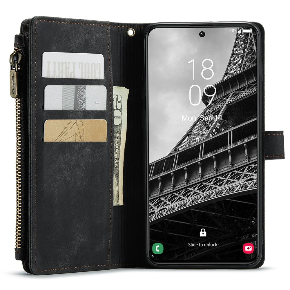 For Samsung Galaxy S23+ Phone Cases with Strap CASEME C30 Zipper Multiple Card Holder PU Leather Cover - Black - 2