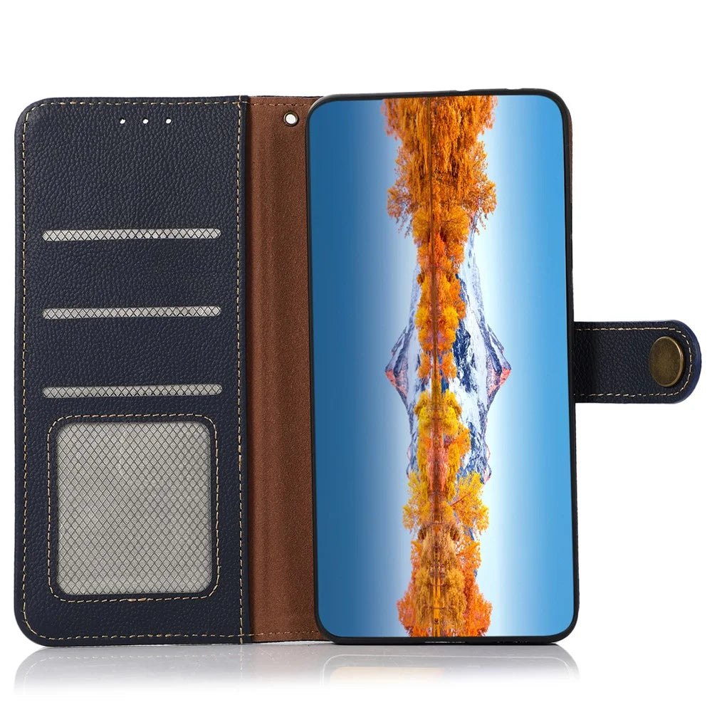 KHAZNEH For Google Pixel 7a RFID Blocking Wallet Phone Shell Genuine Cow Leather Stand Cover - Blue - 2
