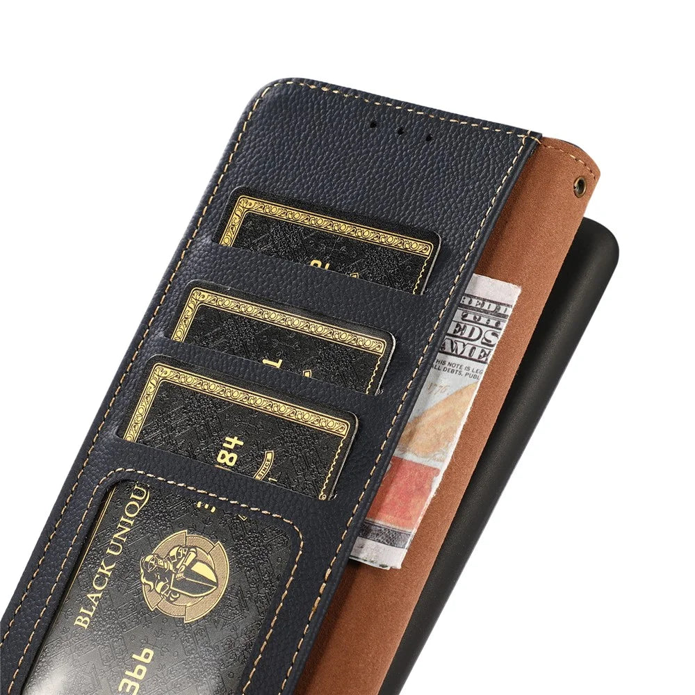 KHAZNEH For Google Pixel 7a RFID Blocking Wallet Phone Shell Genuine Cow Leather Stand Cover - Blue - 4