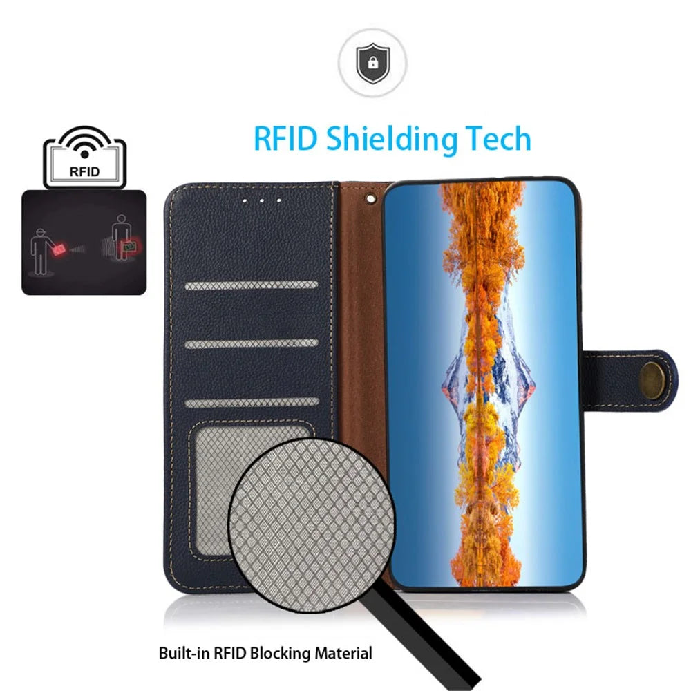 KHAZNEH For Google Pixel 7a RFID Blocking Wallet Phone Shell Genuine Cow Leather Stand Cover - Blue - 5