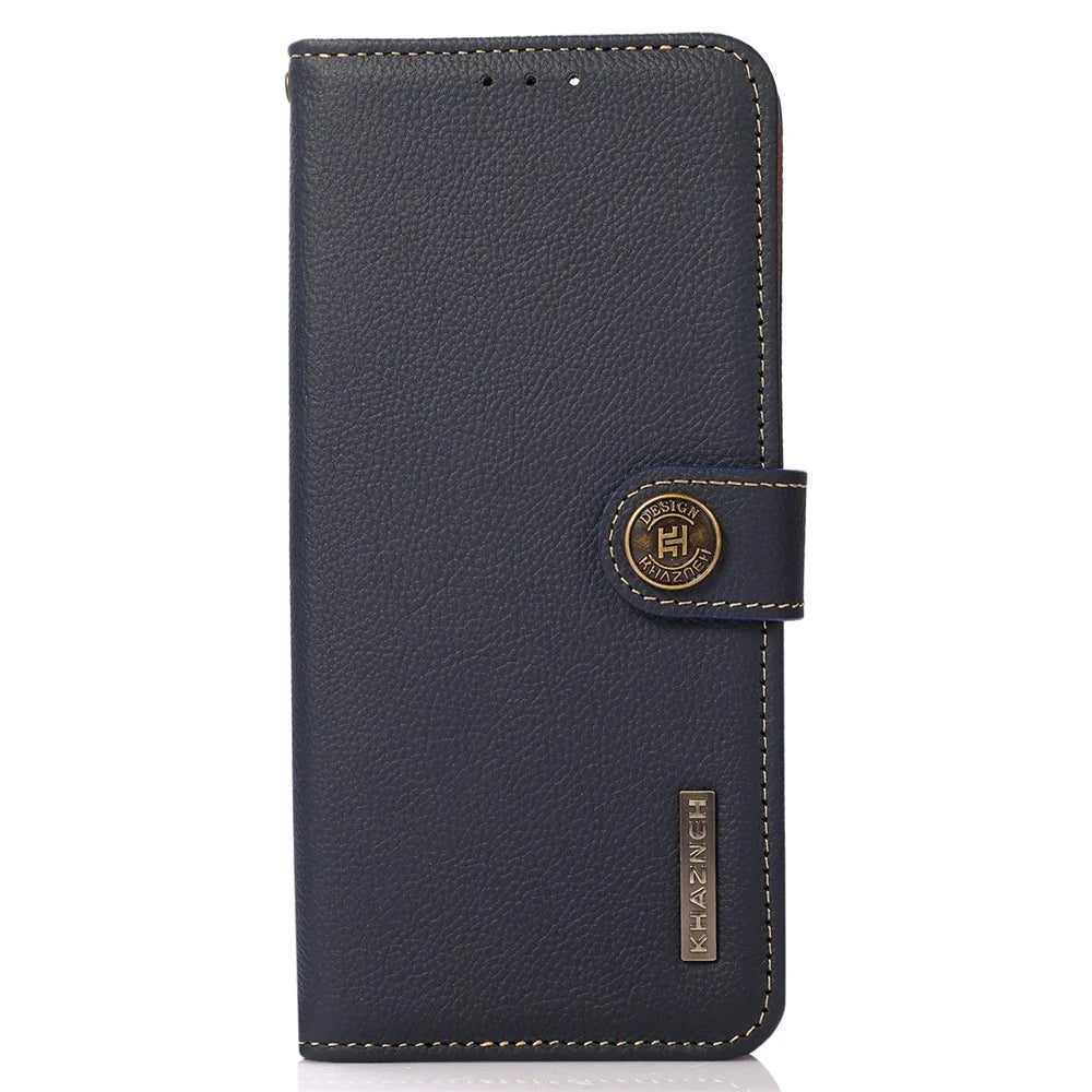 KHAZNEH For Google Pixel 7a RFID Blocking Wallet Phone Shell Genuine Cow Leather Stand Cover - Blue - 7
