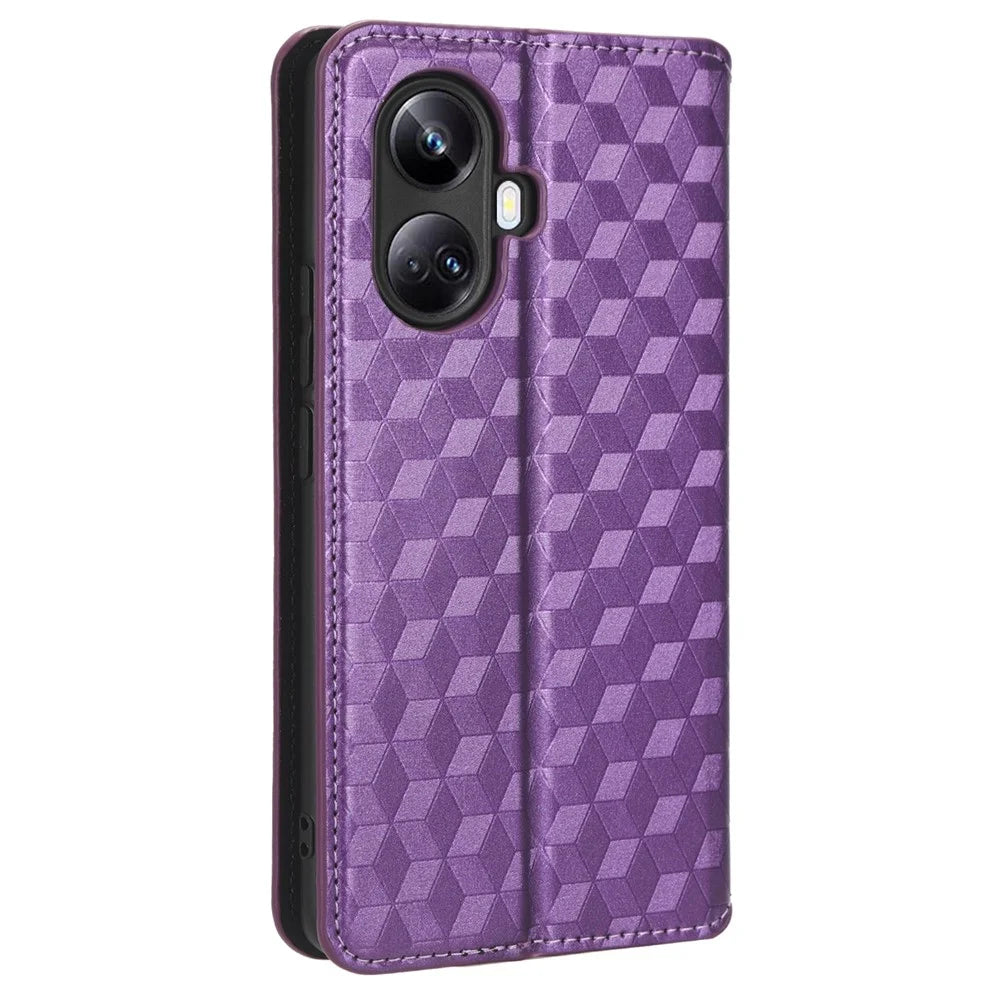 For Realme 10 Pro+ 5G Flip Leather Case Rhombus Pattern Imprinted Wallet Stand Phone Cover - Purple - 7
