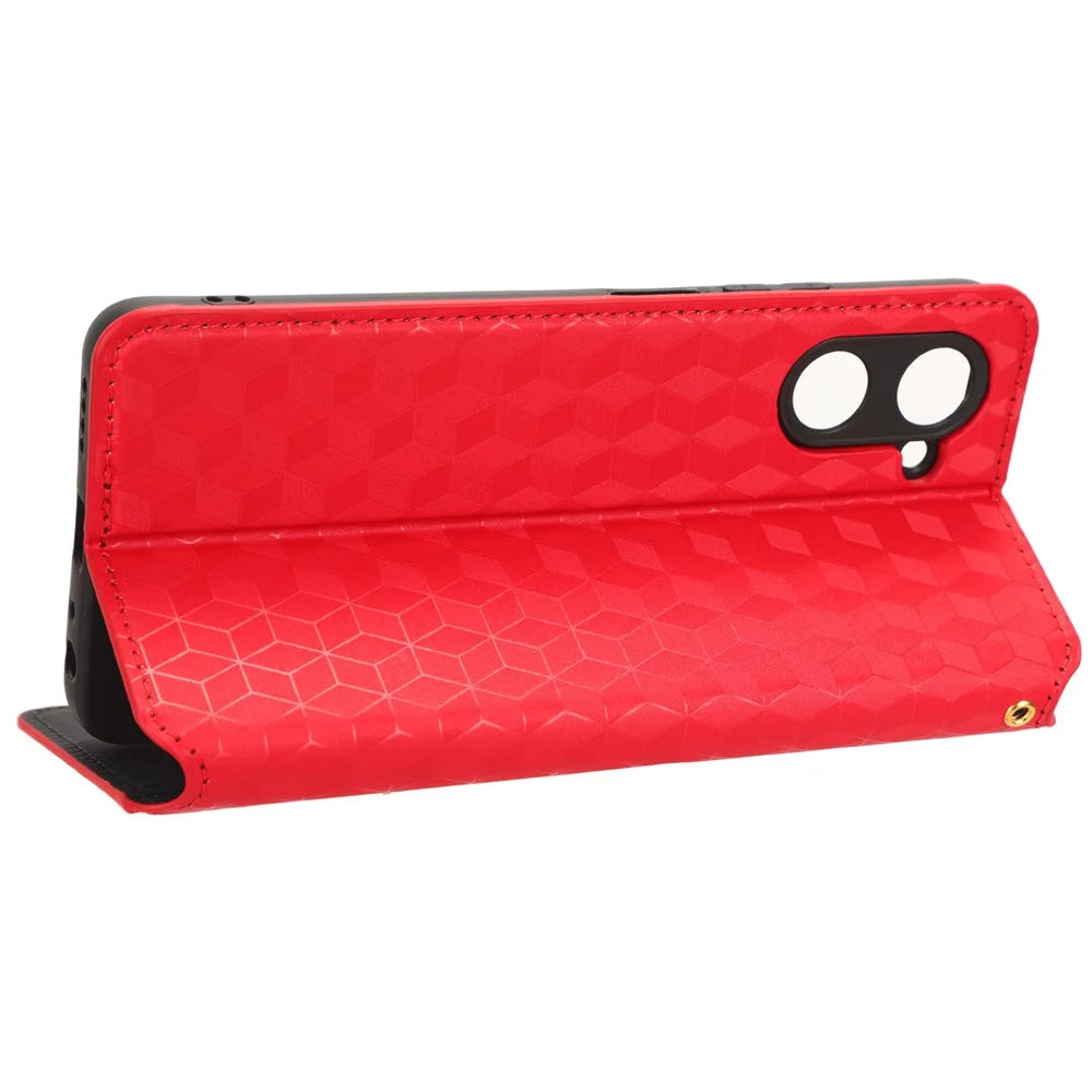 For Realme 10 Pro 5G PU Leather Stand Phone Case Wallet Flip Rhombus Pattern Imprinted Phone Cover - Red - 3