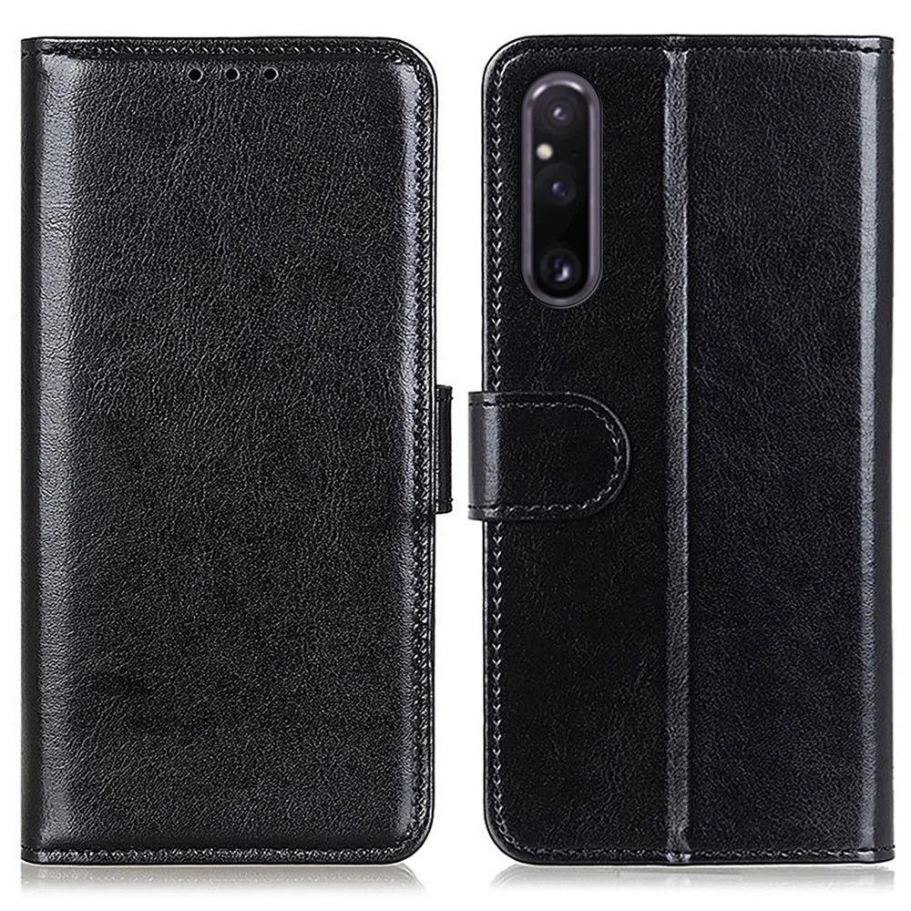 For Sony Xperia 1 V Phone Wallet Case Crazy Horse Texture PU Leather Cell Phone Stand Cover - Black - 1