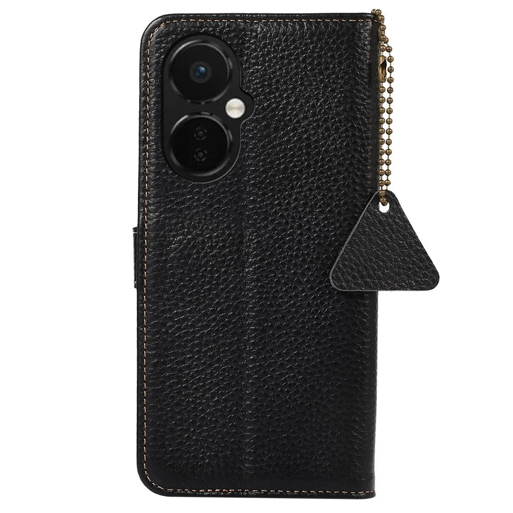 Cell Phone Cover for OnePlus Nord CE 3 Lite 5G / Nord N30 5G RFID Blocking Genuine Cow Leather Litchi Texture Stand Wallet Case - Black - 7