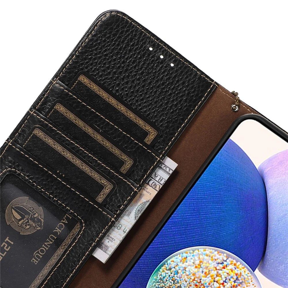 For Sony Xperia 10 V RFID Blocking Phone Cover Stand Genuine Cow Leather Litchi Texture Phone Wallet Case - Black - 4