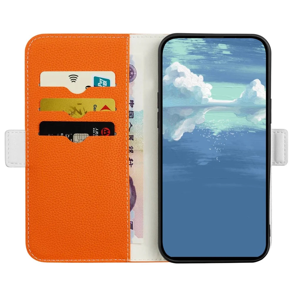 Phone Case Stand Wallet for Samsung Galaxy A34 5G , Litchi Texture Candy Color PU Leather Full Protection Cover - Orange - 3