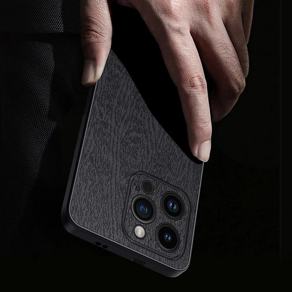 Wood Grain Slim Case for iPhone 14 Pro PU Leather PC TPU Phone Cover with Camera Lens Protector - Black - 3