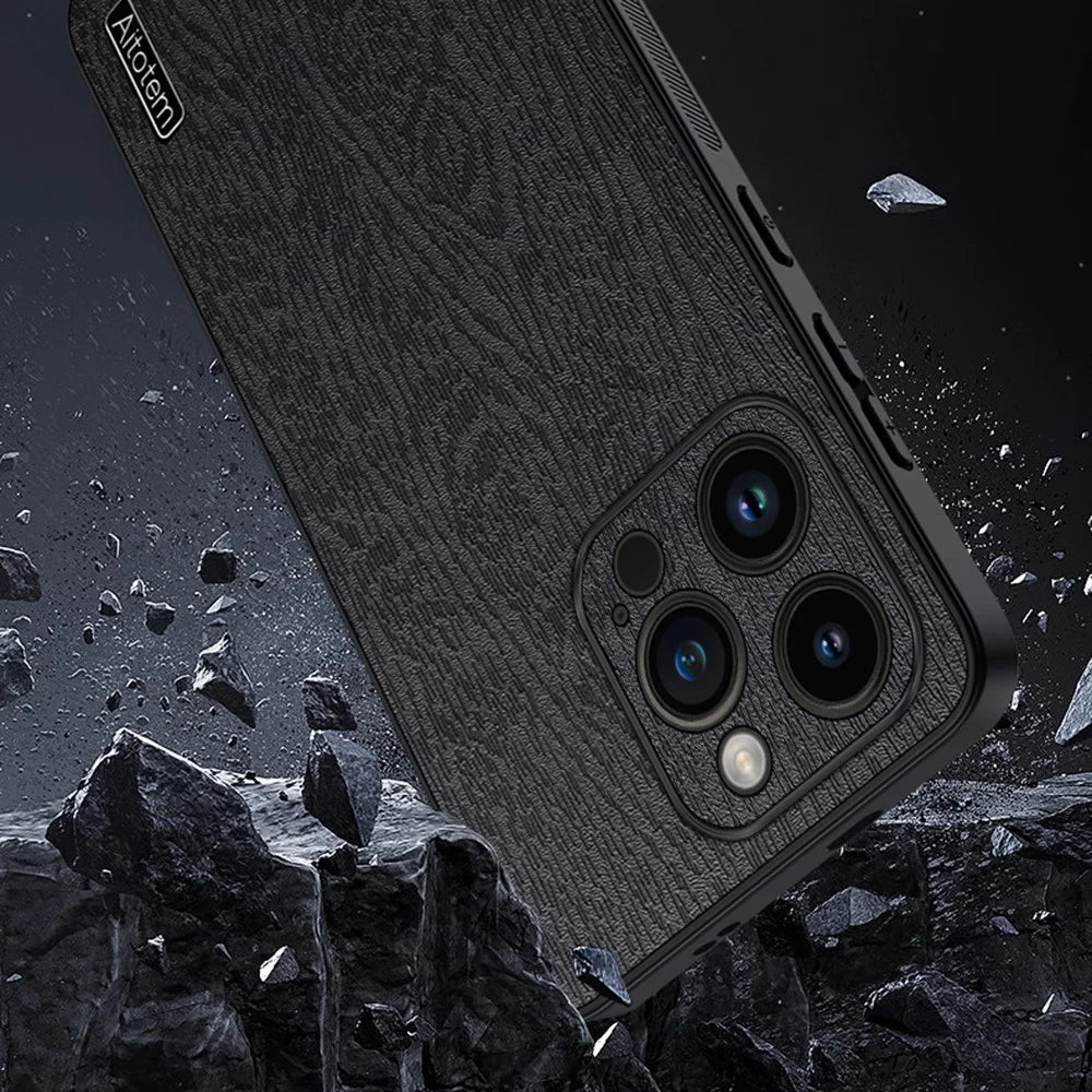 Wood Grain Slim Case for iPhone 14 Pro PU Leather PC TPU Phone Cover with Camera Lens Protector - Black - 4