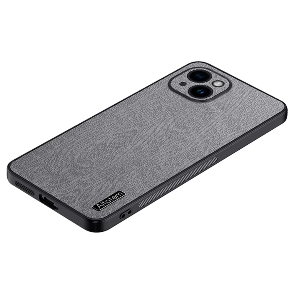 For iPhone 14 Plus Wood Grain Phone Cover PU Leather+PC+TPU Case with All-wrapped Camera Protection - Grey - 1
