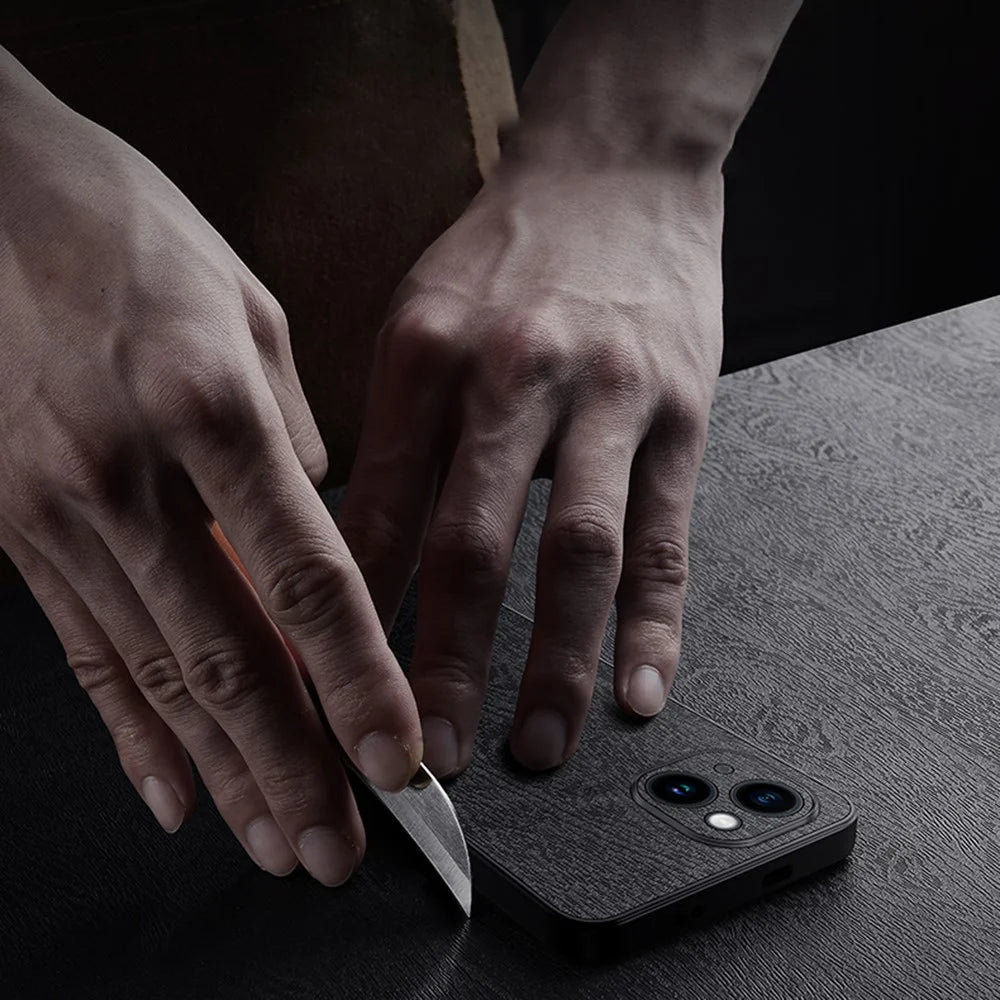For iPhone 14 Plus Wood Grain Phone Cover PU Leather+PC+TPU Case with All-wrapped Camera Protection - Grey - 2