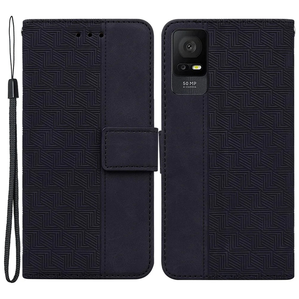 For TCL 408 PU Leather Wallet Flip Case Geometry Pattern Imprinted Stand Phone Cover - Black - 1