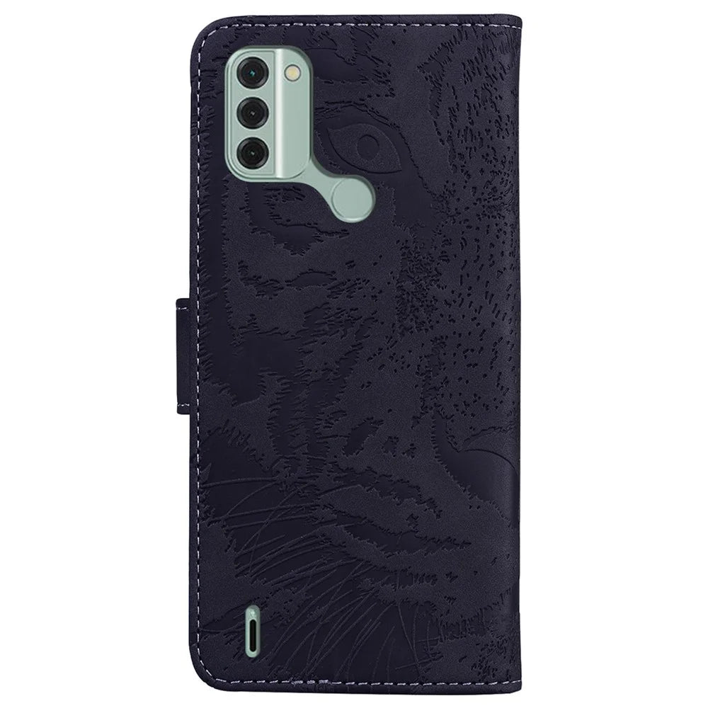 For Nokia C31 4G PU Leather Wallet Stand Case Tiger Imprinted Shockproof Phone Cover - Black - 7