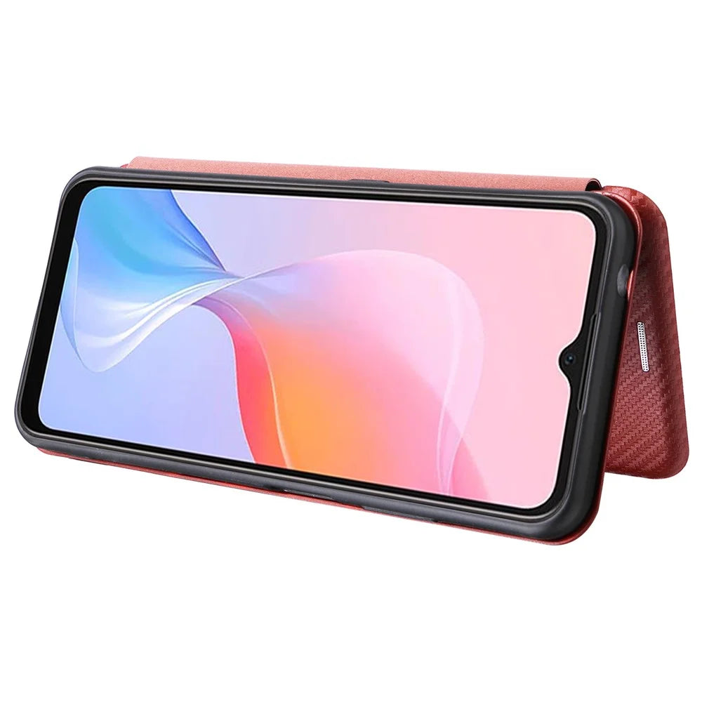 For Blackview A85 Carbon Fiber Texture Phone Case Leather Flip Stand Cover with Card Holder, Kickstand - Brown - 3