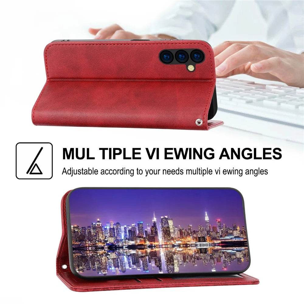 Phone Case for Samsung Galaxy A24 4G (162.1 x 77.6 x 8.3mm) , Imprinted Rhombus Pattern Wallet Calf Texture PU Leather Stand Phone Cover - Red - 4