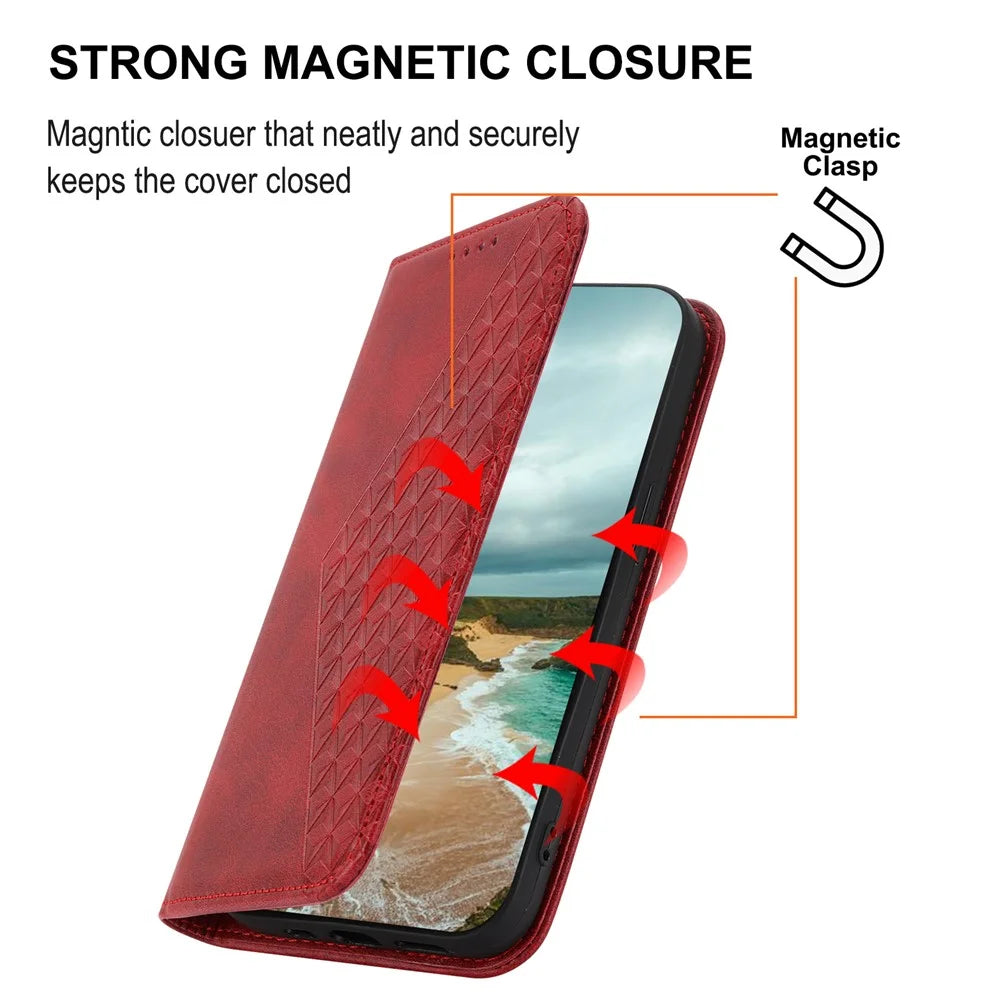 Phone Case for Samsung Galaxy A24 4G (162.1 x 77.6 x 8.3mm) , Imprinted Rhombus Pattern Wallet Calf Texture PU Leather Stand Phone Cover - Red - 5