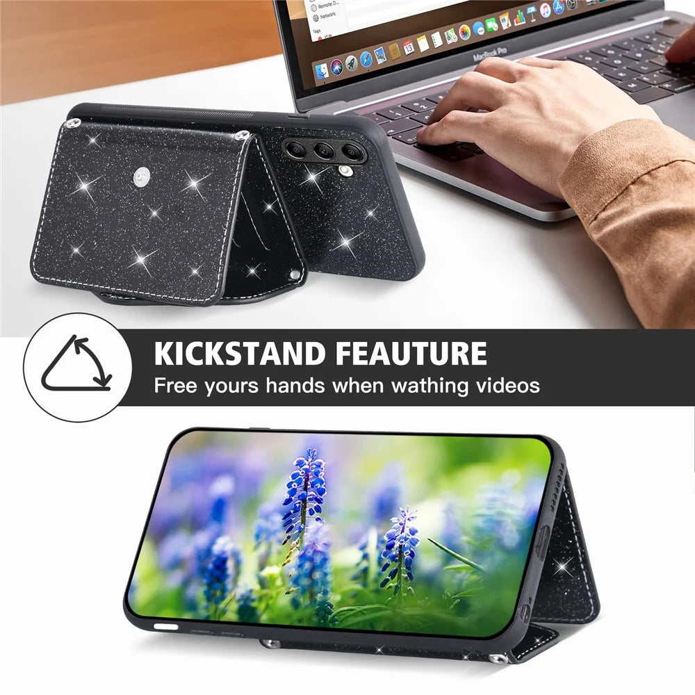 For Samsung Galaxy A14 5G / 4G PU Leather+TPU Phone Cover Kickstand Card Holder Cell Phone Case - Black - 3