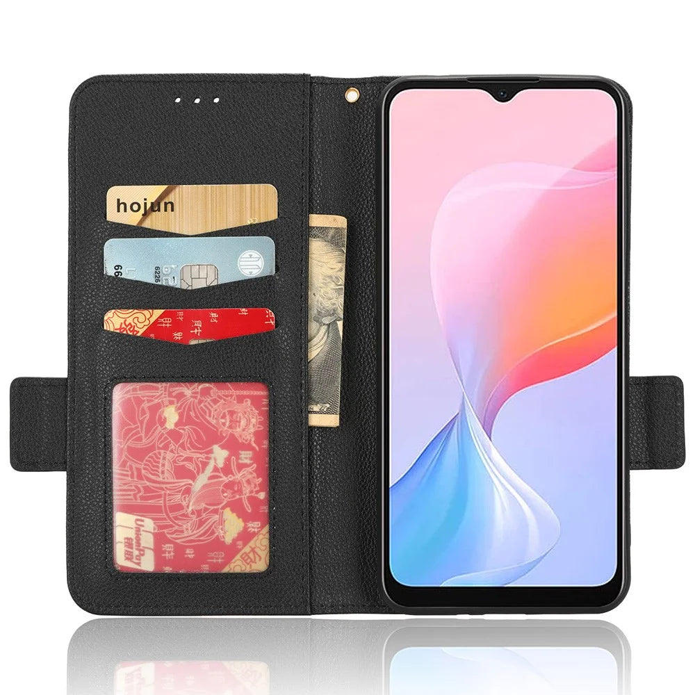 For Blackview A85 Wallet Phone Case PU Leather Litchi Texture Stand Cover with Strap - Black - 2