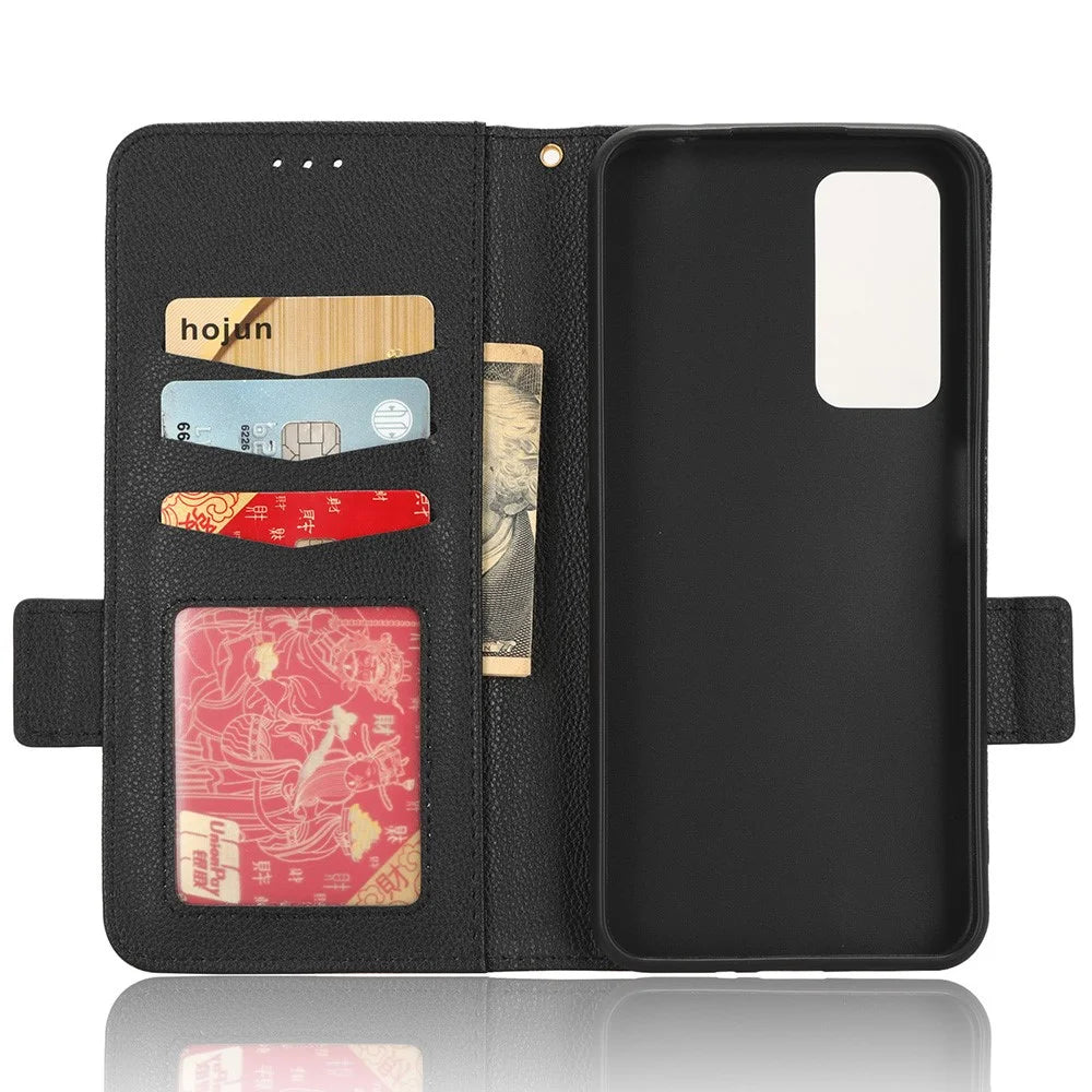 For Blackview A85 Wallet Phone Case PU Leather Litchi Texture Stand Cover with Strap - Black - 4