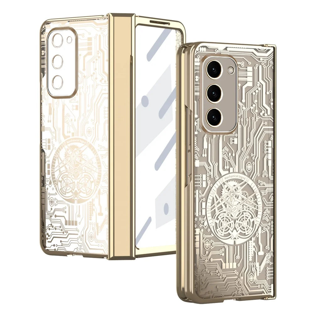 For Samsung Galaxy Z Fold2 5G Mechanical Legend Series Hinge Protection Phone Case Hard PC Electroplating Cover with Tempered Glass Film - Gold - 2