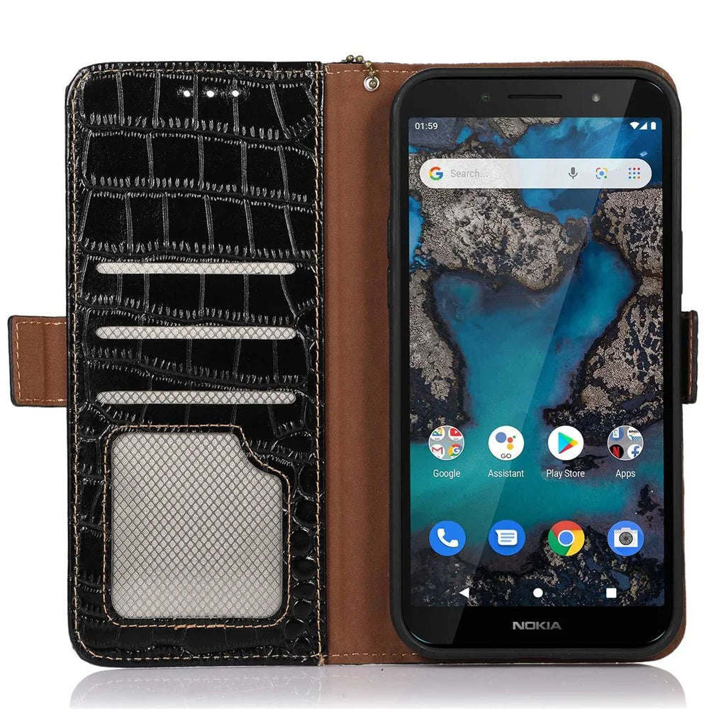 For Nokia G22 RFID Blocking Wallet Phone Case Crocodile Texture Genuine Cow Leather Stand Cover - Black - 2