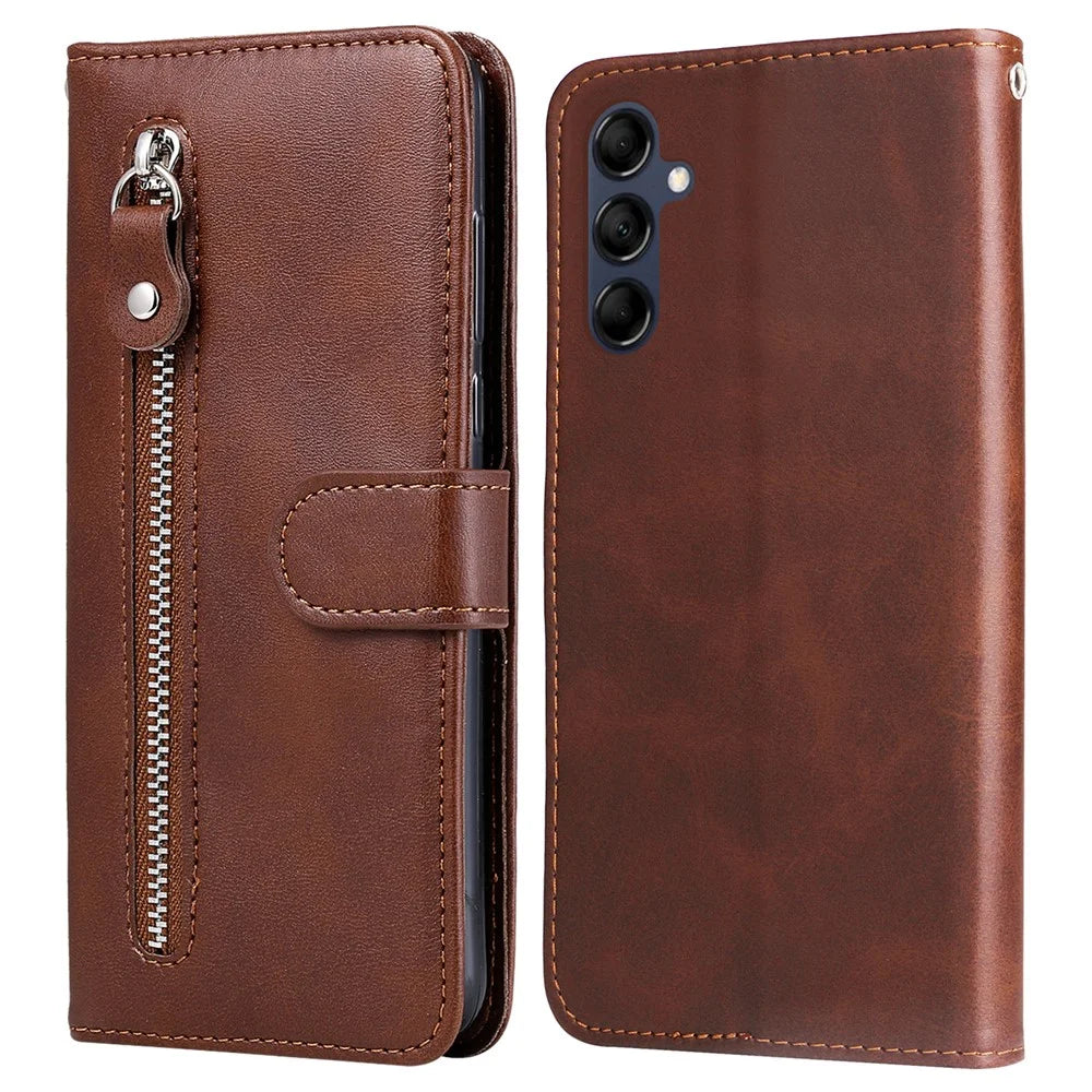 For Samsung Galaxy M14 5G PU Leather Case Zipper Pocket Calf Texture Stand Wallet Phone Cover - Brown - 1