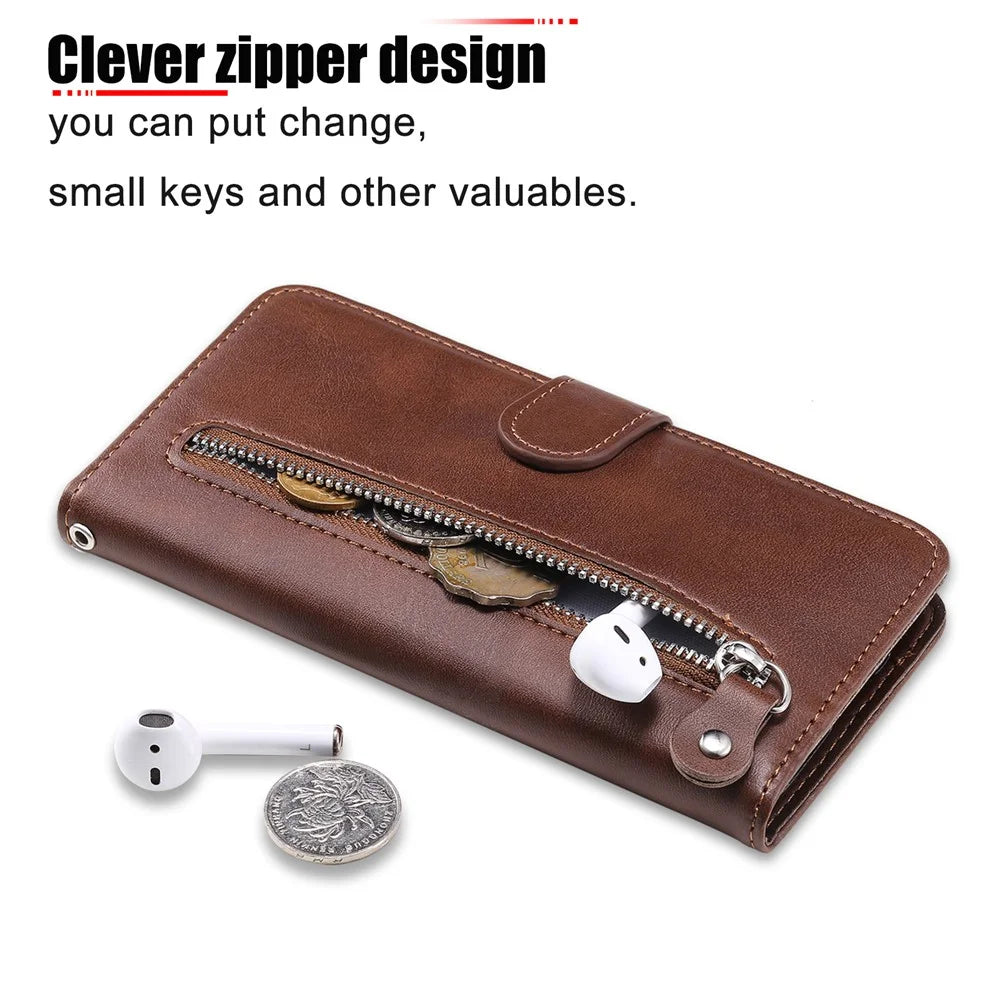 For Samsung Galaxy M14 5G PU Leather Case Zipper Pocket Calf Texture Stand Wallet Phone Cover - Brown - 5