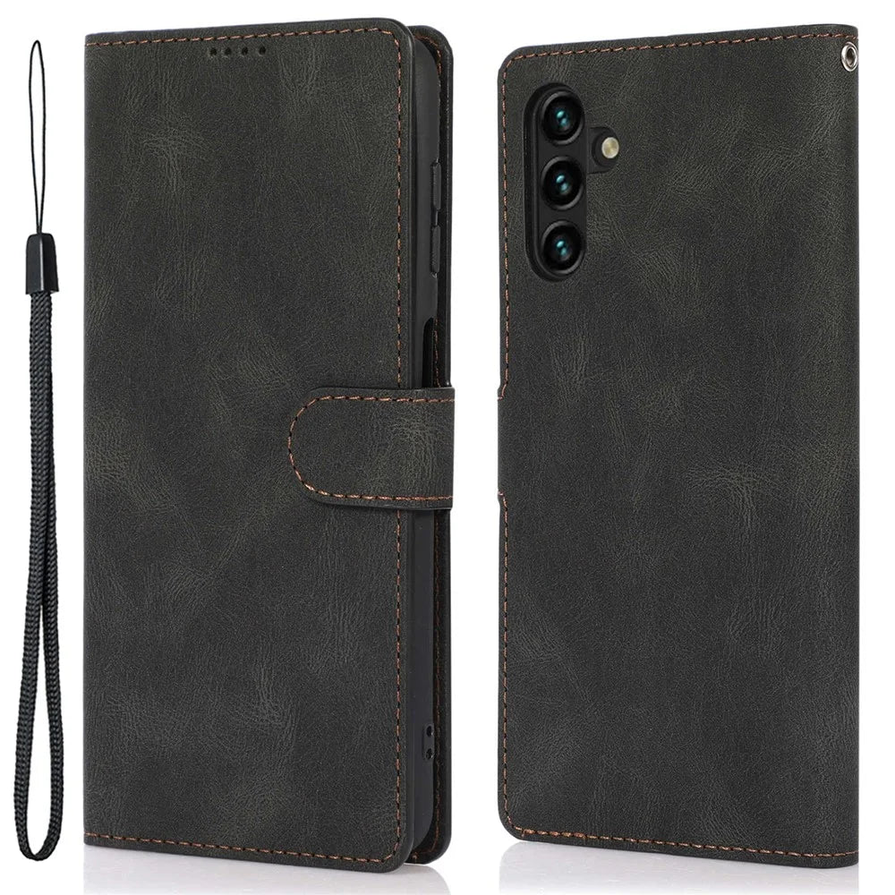 Stand Wallet Case for Samsung Galaxy M13 5G Drop Resistant PU Leather Phone Cover with Strap - Black - 1