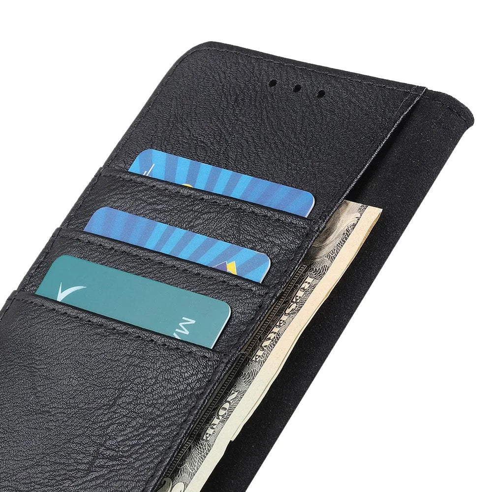 KHAZNEH For Nokia C32 PU Leather Wallet Case Cowhide Texture Cell Phone Stand Cover - Black - 5
