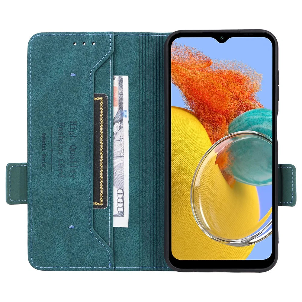 For Samsung Galaxy M14 5G Leather Wallet Phone Case Hardware Decor Flip Stand Cover - Blue - 2