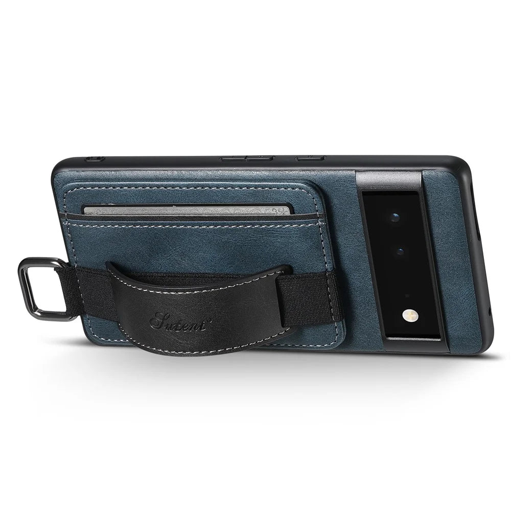 SUTENI H13 Kickstand Shell for Google Pixel 6a Leather Coated PC+TPU Back Case Card Holder Phone Cover with Hand Strap - Blue - 2
