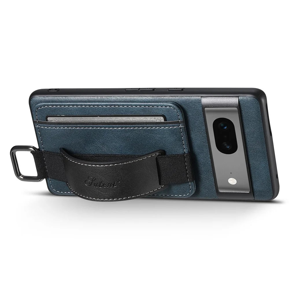 SUTENI H13 For Google Pixel 7 5G Leather Coated PC+TPU Back Case, Kickstand Card Holder Phone Cover with Hand Strap - Blue - 2