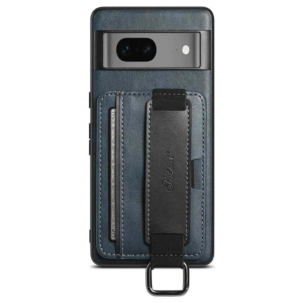 SUTENI H13 Leather Coated PC+TPU Case for Google Pixel 7a , Kickstand Card Holder Phone Back Cover with Hand Strap - Blue - 3