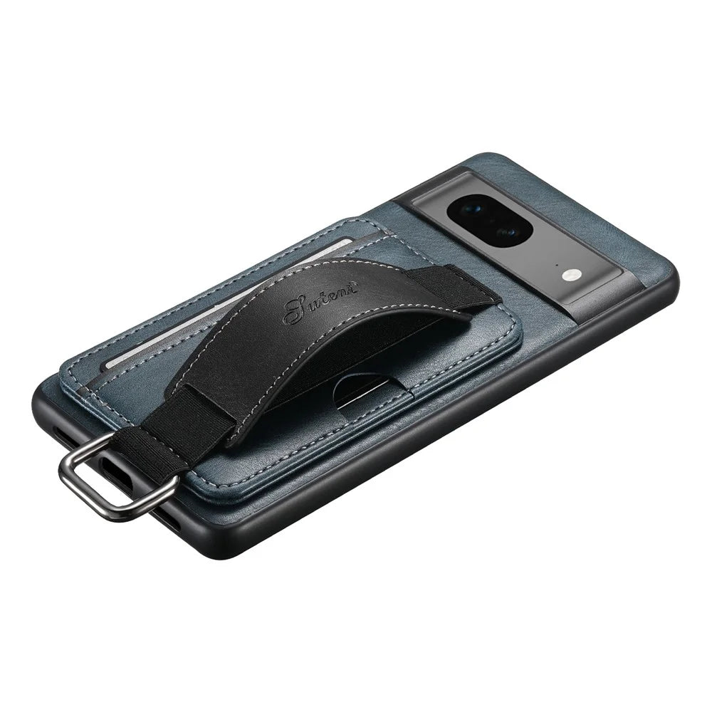 SUTENI H13 Leather Coated PC+TPU Case for Google Pixel 7a , Kickstand Card Holder Phone Back Cover with Hand Strap - Blue - 7
