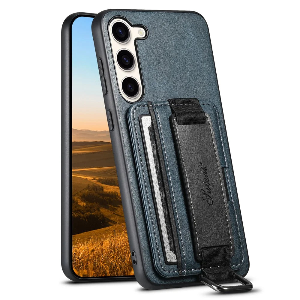SUTENI H13 Kickstand Back Case for Samsung Galaxy S23 with Hand Strap, Card Holder Leather Coated PC+TPU Phone Cover - Blue - 1