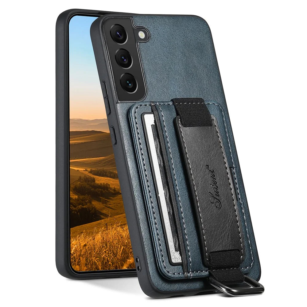 SUTENI H13 Back Case for Samsung Galaxy S22+ 5G Card Holder Leather Coated PC+TPU Phone Kickstand Cover with Hand Strap - Blue - 1