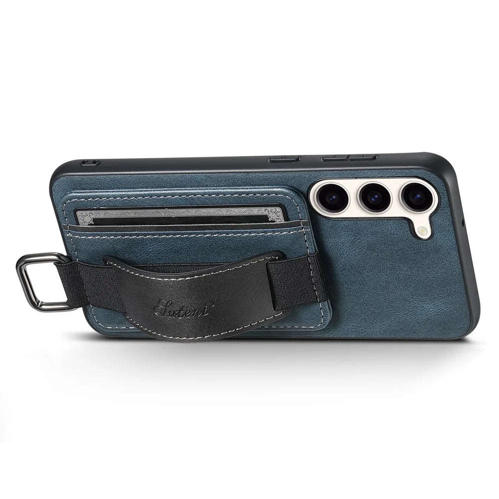 SUTENI H13 For Samsung Galaxy S23+ Card Holder Case Leather Coated PC+TPU Phone Kickstand Cover with Hand Strap - Blue - 2