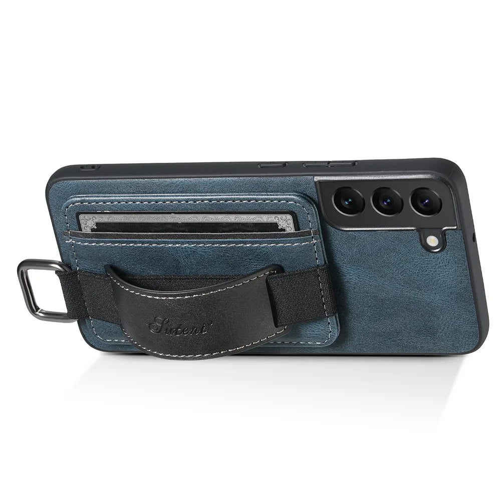 SUTENI H13 For Samsung Galaxy S22 5G Card Holder Leather Coated PC+TPU Case with Hand Strap Kickstand Phone Cover - Blue - 2