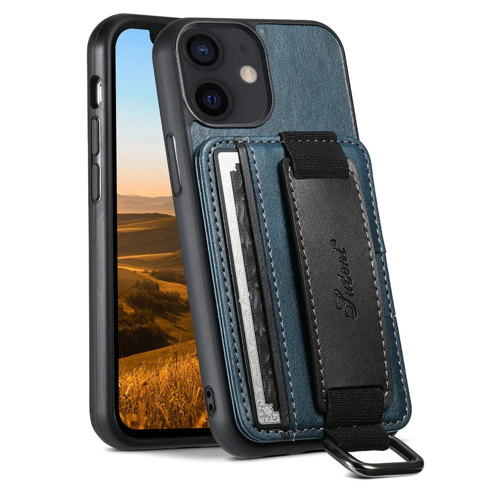 SUTENI H13 For iPhone 12 mini 5.4 inch Card Holder Case with Hand Strap Kickstand Leather Coated PC+TPU Phone Cover - Blue - 1