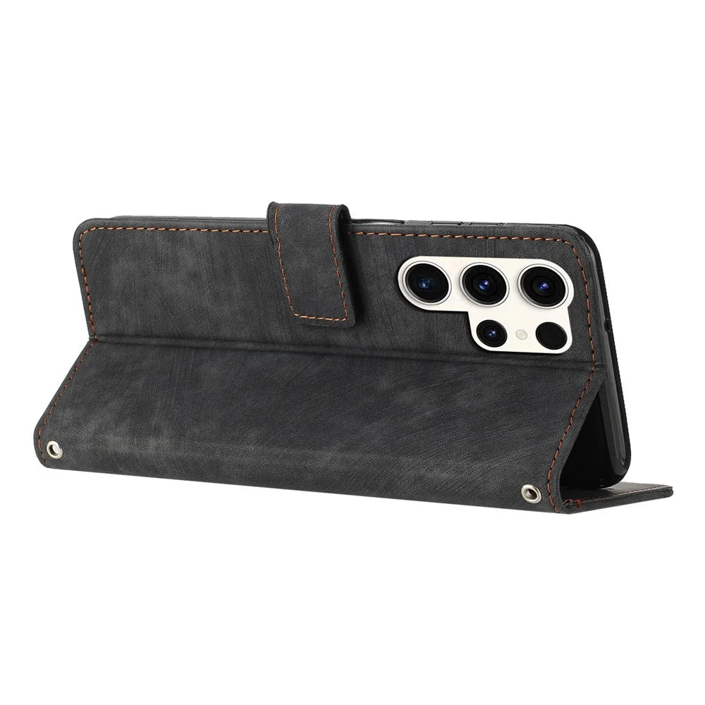 For Samsung Galaxy S23 Ultra Protective Wallet Case Skin-Touch Lines Imprinted PU Leather Phone Cover - Black - 3