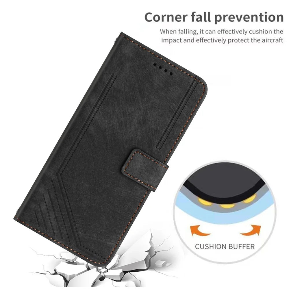 For Samsung Galaxy S23 Ultra Protective Wallet Case Skin-Touch Lines Imprinted PU Leather Phone Cover - Black - 7