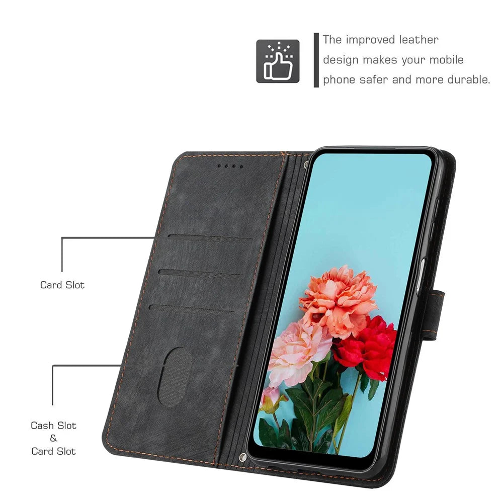 For Samsung Galaxy A52s 5G / A52 4G / 5G Lines Imprinted PU Leather Case Skin-Touch Wallet Phone Cover - Black - 5