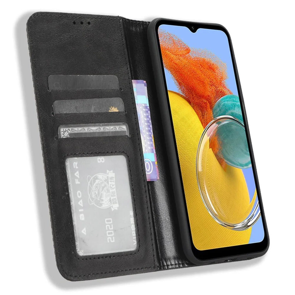 For Samsung Galaxy M14 5G Retro Phone Case PU Leather Phone Stand Wallet Protective Cover - Black - 2