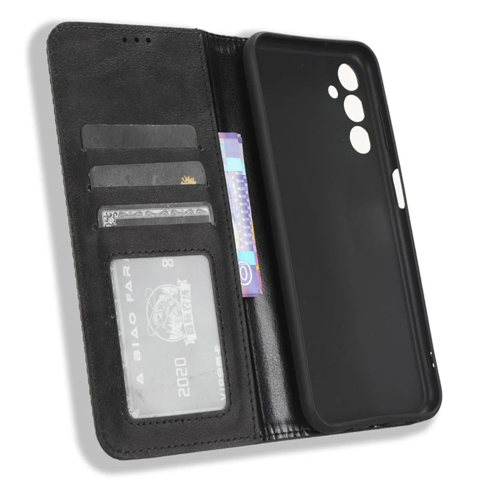 For Samsung Galaxy M14 5G Retro Phone Case PU Leather Phone Stand Wallet Protective Cover - Black - 4