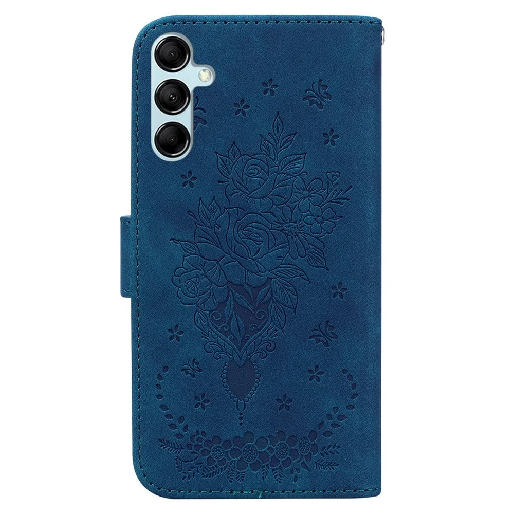 Leather Stand Wallet Phone Case for Samsung Galaxy M14 5G , Imprinted Rose Butterfly Phone Cover - Blue - 7
