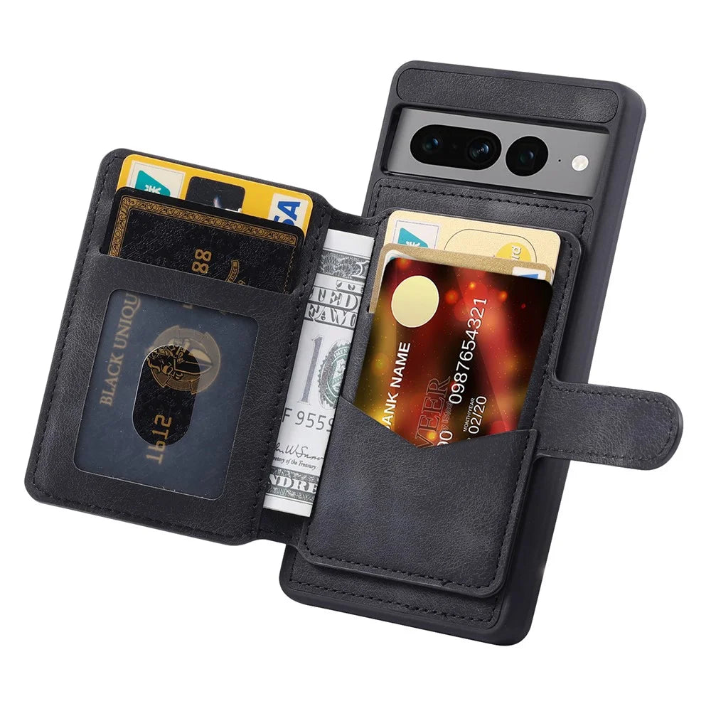Shockproof RFID Blocking Case for Google Pixel 7 Pro 5G PU Leather TPU Phone Shell with Card Holder, Kickstand - Black - 2