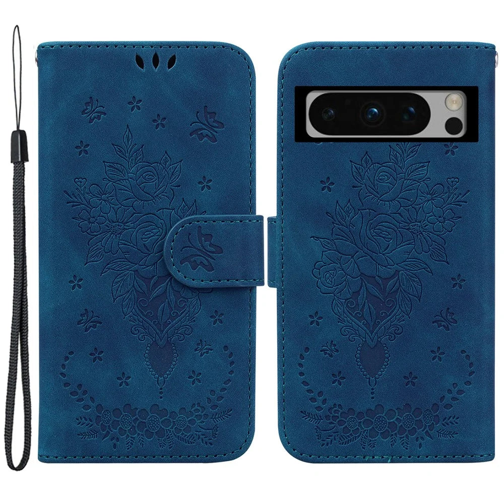 For Google Pixel 8 Pro Anti-Dust Leather Stand Phone Case Wallet Imprinted Pattern Smartphone Cover - Blue - 1